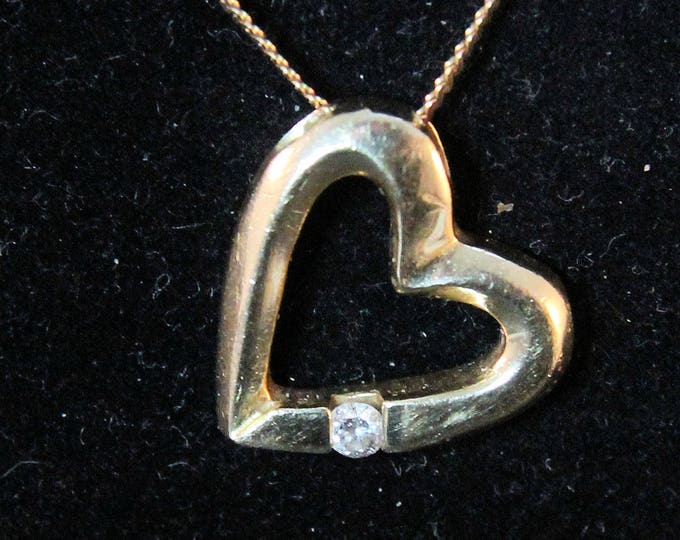 Estate 14K Solid Yellow Gold .105 Carat Diamond Open Heart Pendant 4.9 Grams Holiday Gift