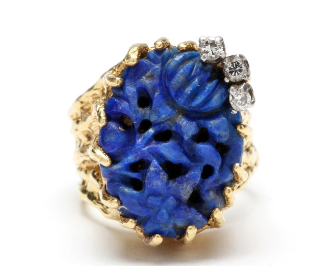 Vintage Carved Lapis Ring, 18K Yellow Gold & Diamond, Size 4.5