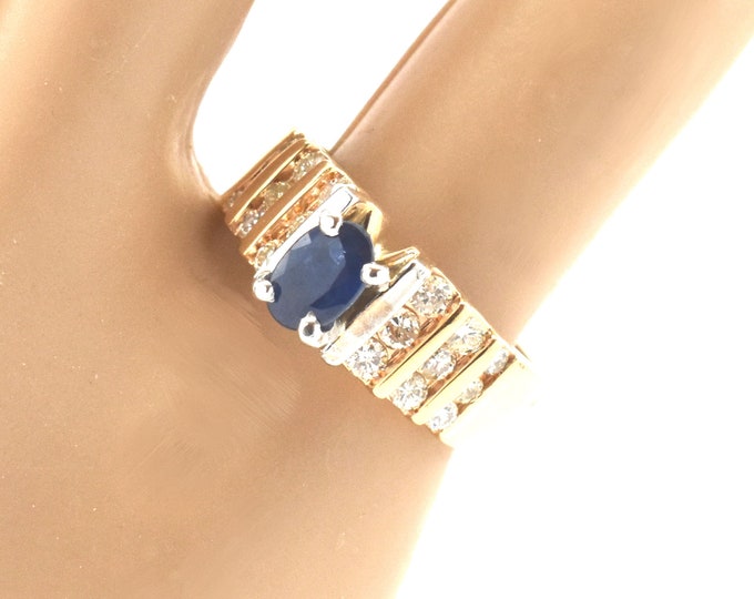 Estate Gemstone Ring Vintage 14K Solid Yellow Gold Natural Sapphire Diamonds Band Size 4.75 September Birthstone Holiday Gift