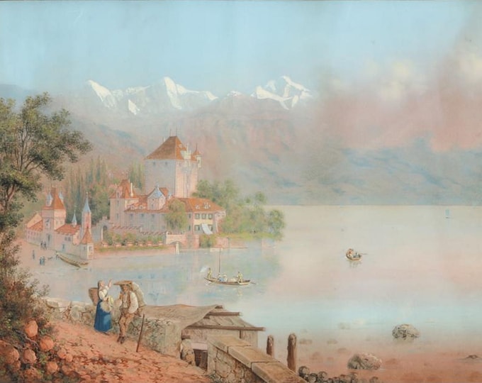 Framed Original Grand Tour Watercolor of Oberhofen Castle on the Lake of Thun 19th Century