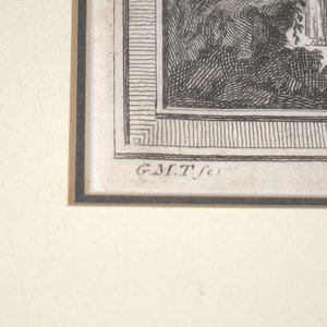 May include: A black and white engraving of a scene with a signature at the bottom that reads "G.M.T.f."
