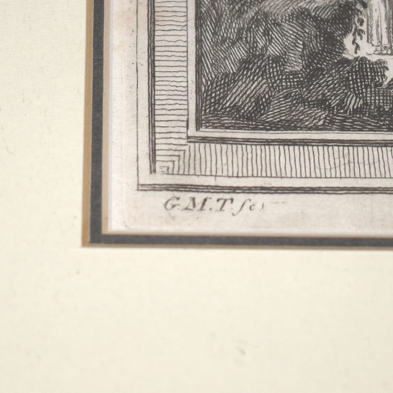 May include: A black and white engraving of a scene with a signature at the bottom that reads "G.M.T.f."