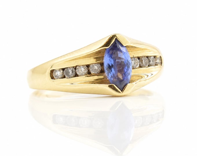 Vintage 14K Yellow Gold Marquise Blue Stone Diamond Ring – Mid-Century Modern Style