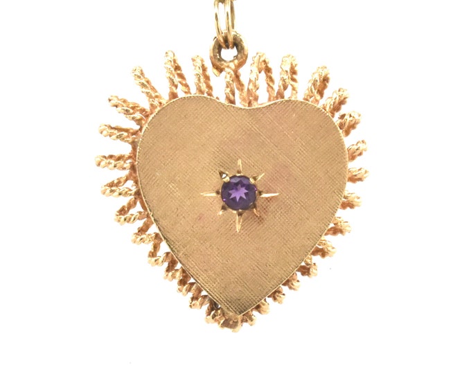 Estate Heart Charm Vintage 14K Solid Yellow Gold Natural Amethyst Pendant February Birthstone Holiday Gift
