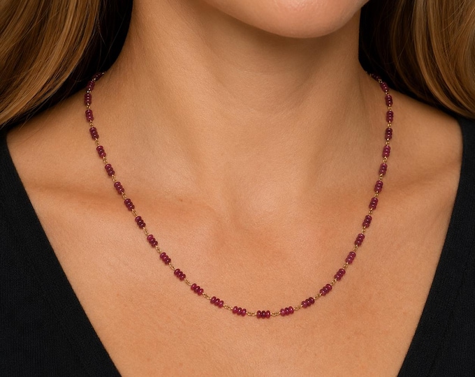 Natural Ruby Rondelle Bead Station Necklace 14K Yellow Gold 42.1 Carats Estate