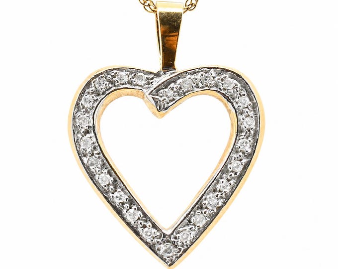 Vintage Diamond Heart Pendant, 14K Yellow Gold Open Heart, .36 Carat