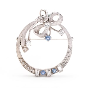 Estate Gemstone Pendant Vintage 14K Solid White Gold Natural Diamonds Lab Sapphires Circle Brooch Holiday Gift