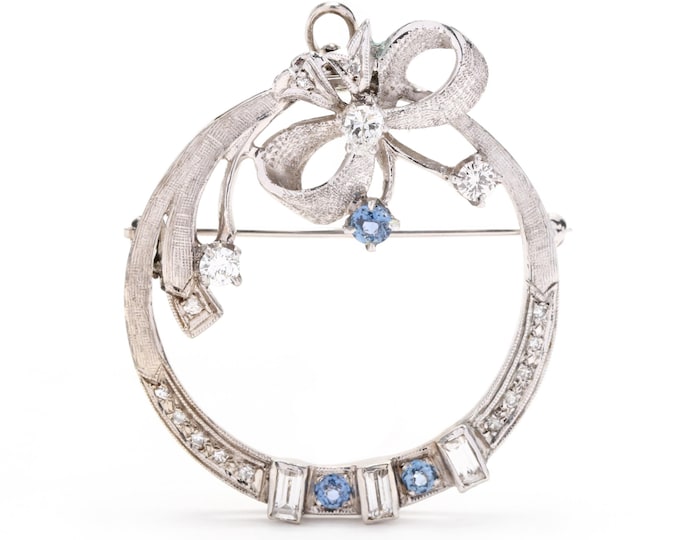 Estate Gemstone Pendant Vintage 14K Solid White Gold Natural Diamonds Lab Sapphires Circle Brooch Holiday Gift