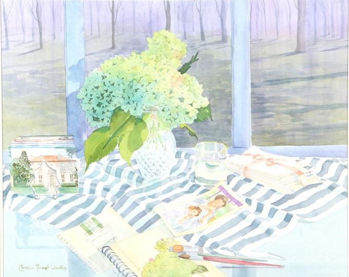 Framed Original Watercolor The Artist's Table by Christie Theriot Woodfin