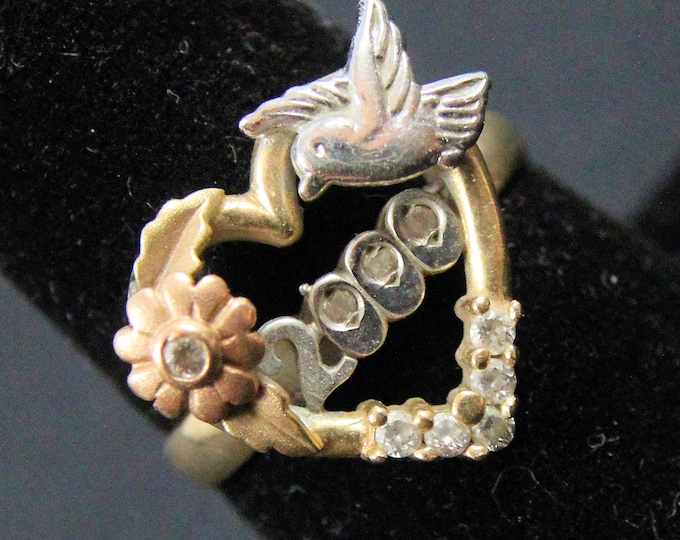 Estate Gold Ring Vintage 14K Solid Yellow Gold Cubic Zirconia 2000 Millennium Y2K Heart Ring Holiday Gift