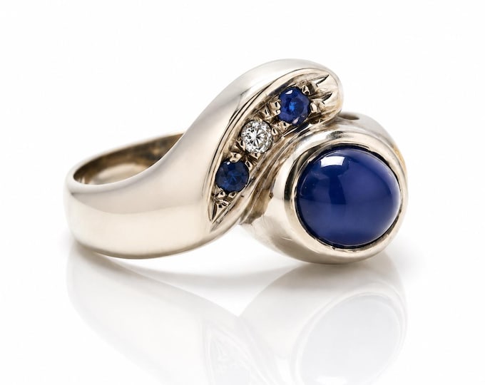 Vintage 14K White Gold Sapphire Ring with Diamond Accents, Size 7.75