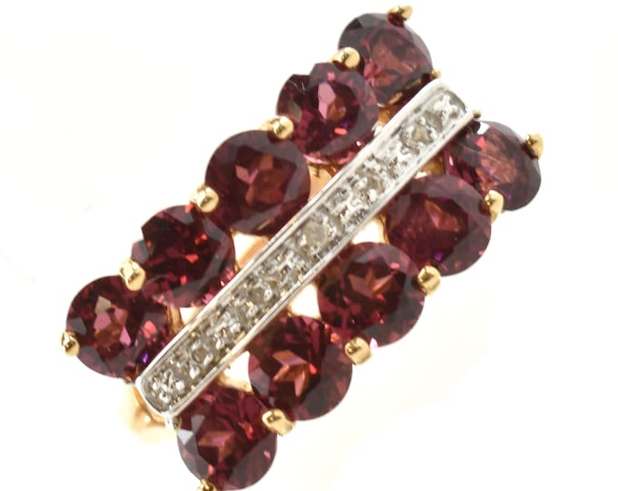 Vintage Gemstone Ring New Old Stock 14K Solid Yellow White Gold Natural Rhodolite Garnets Diamonds January Birthstone Holiday Gift