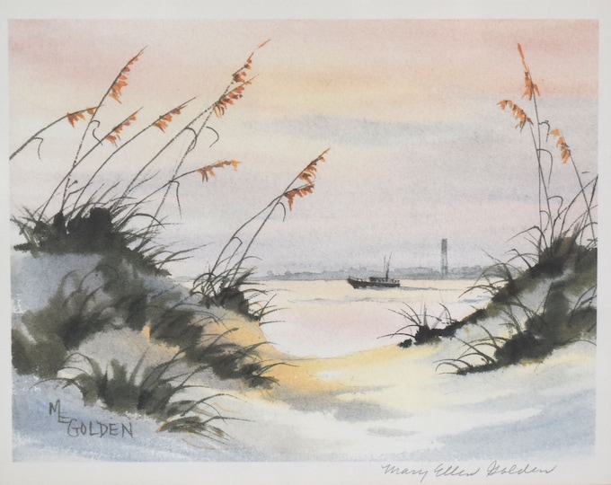 Vintage Watercolor Print Coastal Scene with Boat and Dunes Signed by Artist Mary Ellen Goldman Matted and Framed Under Glass Holiday Gift