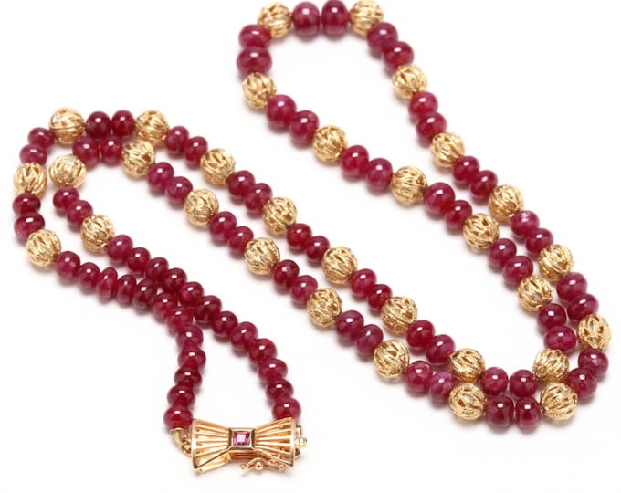 Estate Ruby Necklace Vintage 14K Solid Yellow Gold Natural Rubies Over 20 Inches Long Over 92 Carats Total July Birthstone Holiday Gift