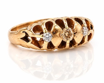 Antique Victorian Yellow Diamond Three Stone Ring 14K Gold Openwork Size 1.75