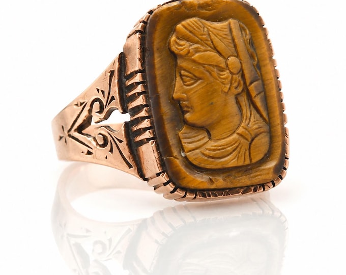 Vintage 14K Gold Tiger Eye Cameo Statement Ring Classical Roman Lady Size 5.5