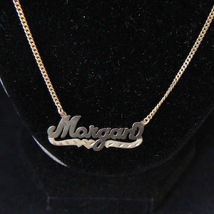14K Solid Yellow Gold Morgan Necklace Name Bib Vintage Estate 24 Inches Long Curb Chain Over 7 Grams Signed JAD Holiday Gift