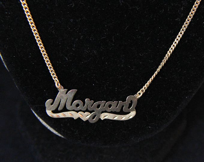 14K Solid Yellow Gold Morgan Necklace Name Bib Vintage Estate 24 Inches Long Curb Chain Over 7 Grams Signed JAD Holiday Gift