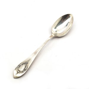 May include: A silver teaspoon with an ornate handle featuring a floral design and a monogram. The spoon has a classic, elegant design.