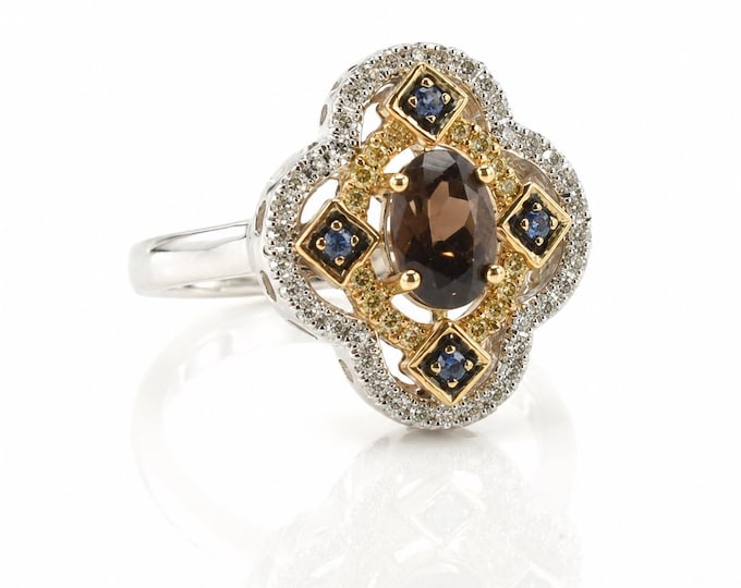 14K Gold Smoky Quartz Blue Topaz Diamond Art Deco Revival Ring - Size 6.5