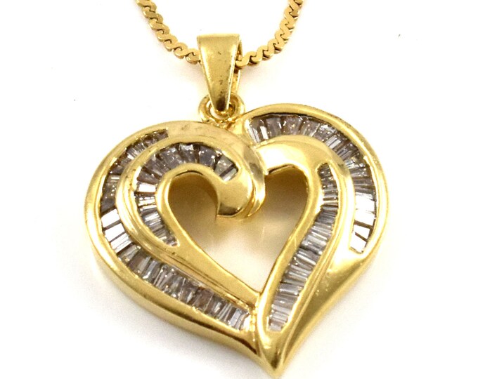14K Solid Yellow Gold Natural Diamonds Pendant Open Heart Vintage Estate Over 1 Carat Total Weight Nearly 6 Grams Signed Holiday Gift
