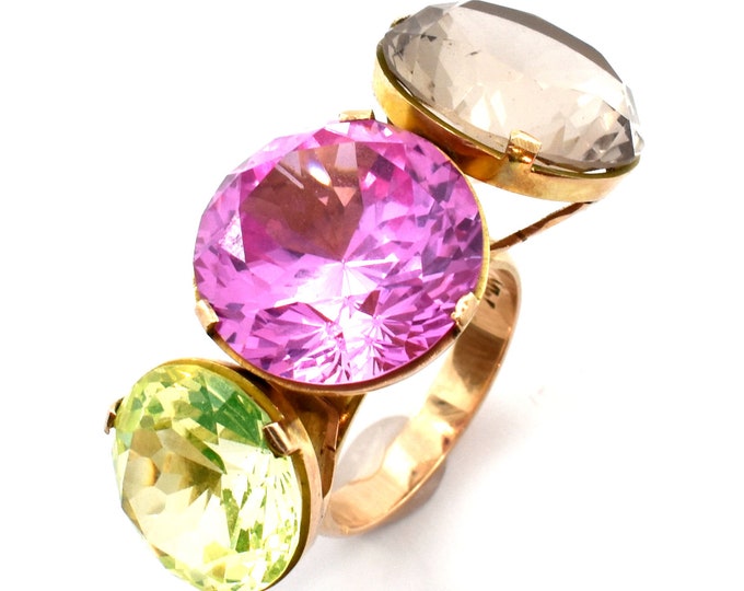 14K Solid Yellow Gold Ring Pink Sapphire Green Spinel Smoky Quartz Estate Nearly 40 Carats Total Weight Over 14 Grams Size 6.5 Gift