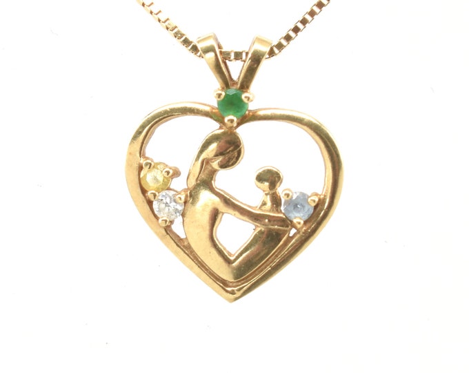 Estate Gemstone Pendant Vintage 10K Solid Yellow Gold Mother & Child Heart Pendant March April May November Birthstones Holiday Gift