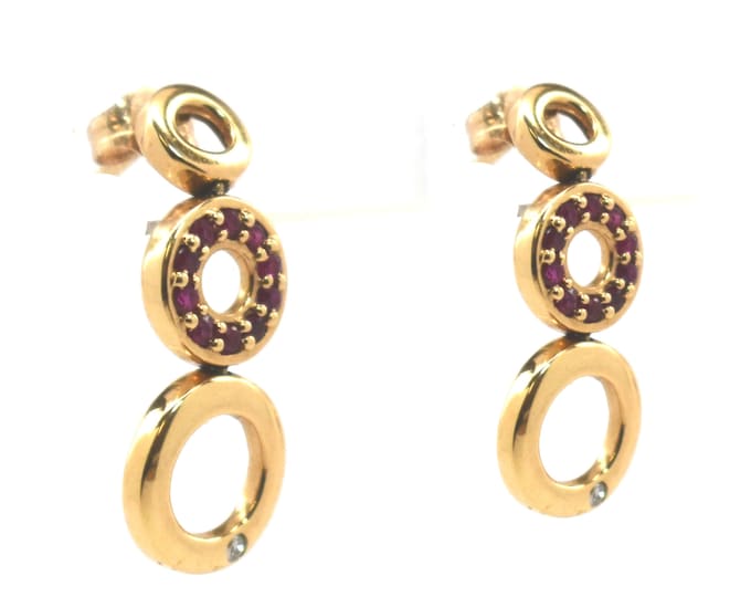 Vintage 14K Gold Ruby Diamond Modernist Geometric Drop Earrings