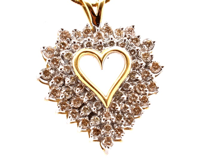 14K Solid Yellow Gold Natural Diamonds Pendant Open Heart Vintage Estate 55 Full Cut Round 1.5 Carats Total Weight Over 7 Grams Gift