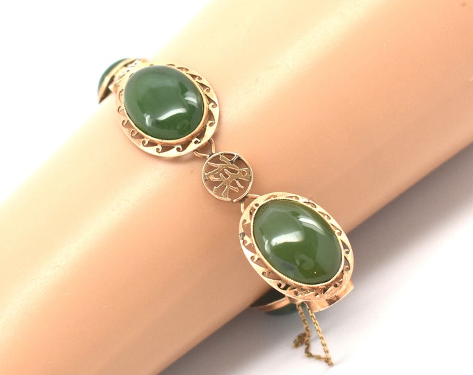 Estate Jade Bracelet 14K Solid Yellow Gold Natural Nephrite Good Luck Characters 7 Inches Long Nearly 50 Carats Total Weight Holiday Gift