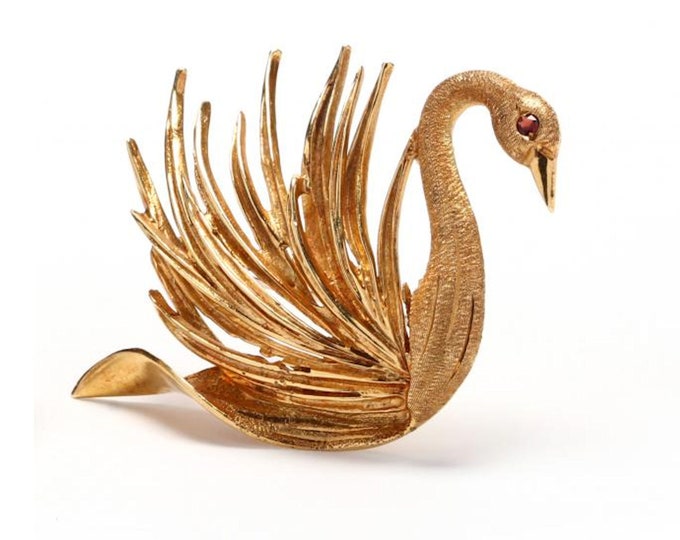 Estate Swan Brooch Vintage 18K Solid Yellow Gold Pin Natural Garnet Eye January Birthstone Holiday Gift