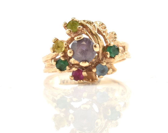 Estate Gemstone Ring 14K Solid Yellow Gold Natural Amethyst Peridot Topaz Emerald Ruby Aquamarine Size 5.25 Mother's Ring Holiday Gift