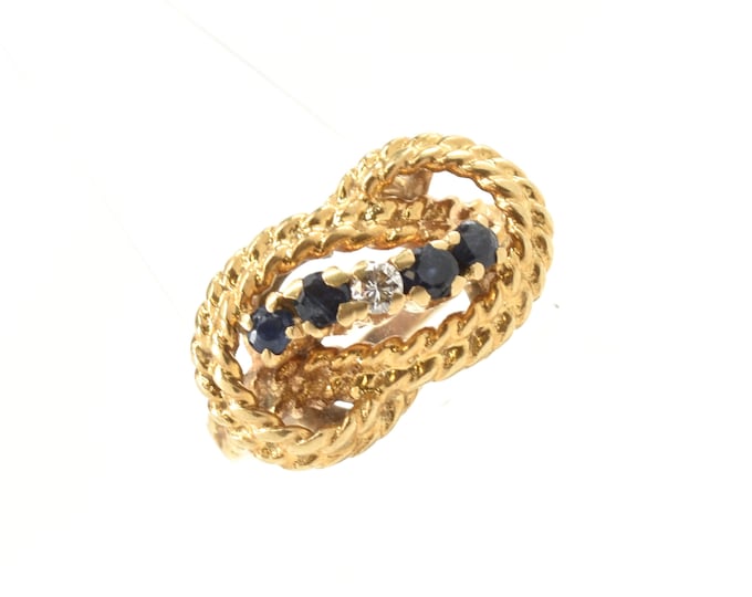 Estate Gemstone Ring Vintage 14K Solid Yellow Gold Natural Sapphires Diamond Size 5 September Birthstone Holiday Gift