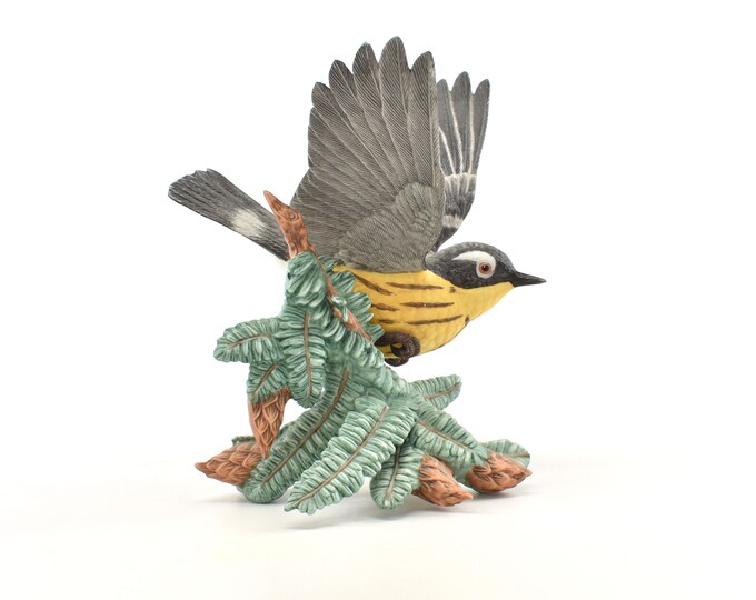 Estate Magnolia Warbler Figurine Vintage Lenox Hand Painted Bird on Evergreen Branch Garden Birds 1991 Box and Literature Holiday Gift