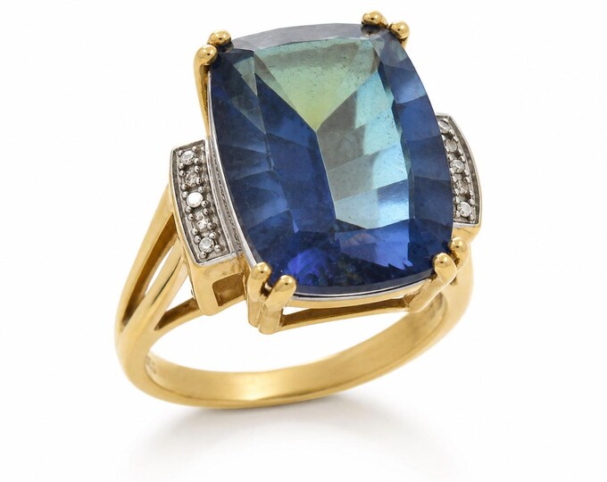 Estate 14K Yellow Gold Mystic Topaz Diamond Ring Size 4.5 Cushion Cut Gemstone