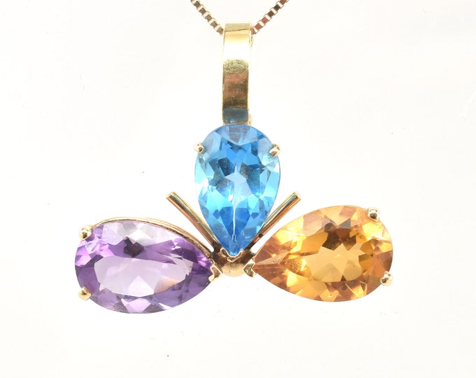 Estate Gemstone Enhancer Vintage 14K Solid Yellow Gold Natural Amethyst Citrine Blue Topaz Enhancer 11.5 Carats Total Weight Holiday Gift
