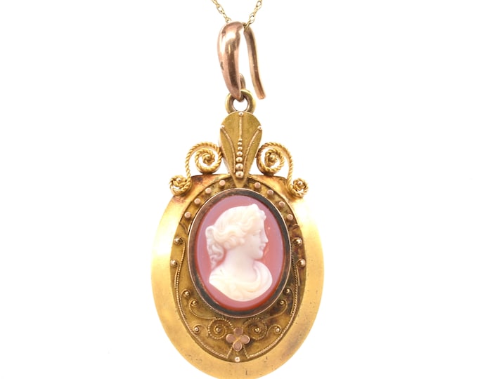 Antique Cameo Pendant Vintage 14K Solid Yellow Gold Carved Natural Sard Glass Compartment Locket Holiday Gift