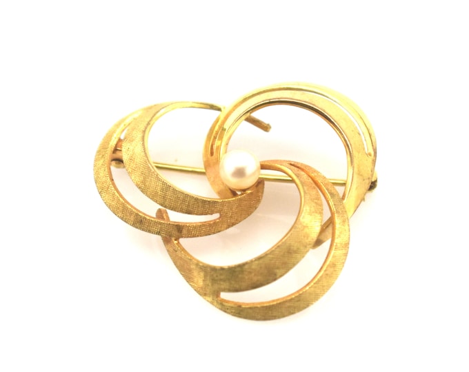14K Solid Yellow Gold Natural Pearl Brooch Vintage Estate Swirl Floral Pin Over 5 Grams June Birthstone Holiday Gift