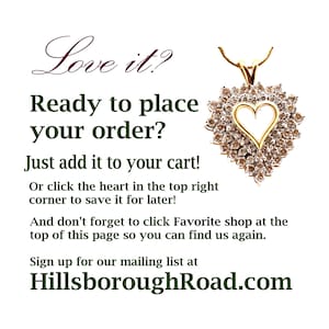 May include: A gold pendant with a heart-shaped center, surrounded by sparkling stones. The image includes text that reads "Love it? Ready to place your order?" and "HillsboroughRoad.com".