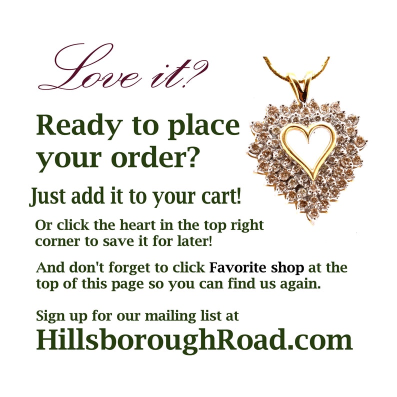 May include: A gold pendant with a heart-shaped center, surrounded by sparkling stones. The image includes text that reads "Love it? Ready to place your order?" and "HillsboroughRoad.com".