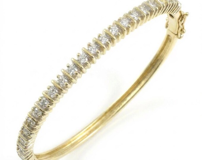Vintage 14K Solid Yellow Gold Diamond Hinged Bangle Bracelet (0.75 Carats, 6.6 Inches)