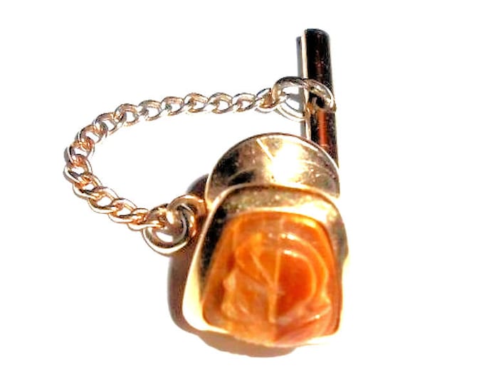 14K Solid Yellow Gold Natural Tiger's Eye Tie Tack Carved Roman Soldier Trojan Warrior Vintage Estate Signed CORRECT Holiday Gift