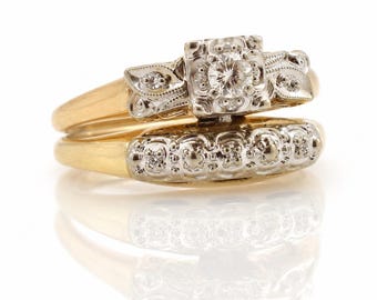 Vintage 14K Diamond Bridal Set Mid Century Flature Lock Wedding Rings, Size 5