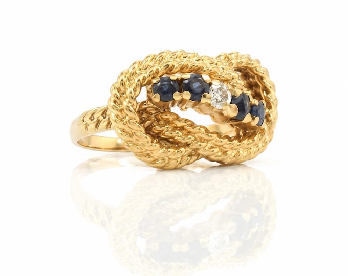 Vintage 14K Sapphire Diamond Knot Ring Textured Gold Size 5