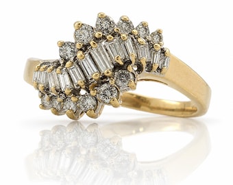 14K Yellow Gold Diamond Ring, Baguette & Round Cut, Size 7.25
