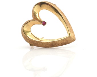 Estate Heart Pin Vintage 14K Solid Yellow Gold Natural Ruby Brooch July Birthstone Holiday Gift