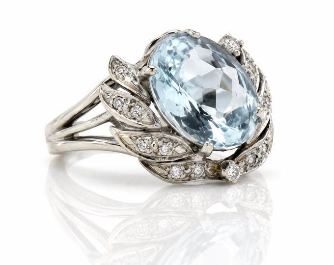 Vintage 14K White Gold Blue Topaz Ring with Diamonds, Size 8