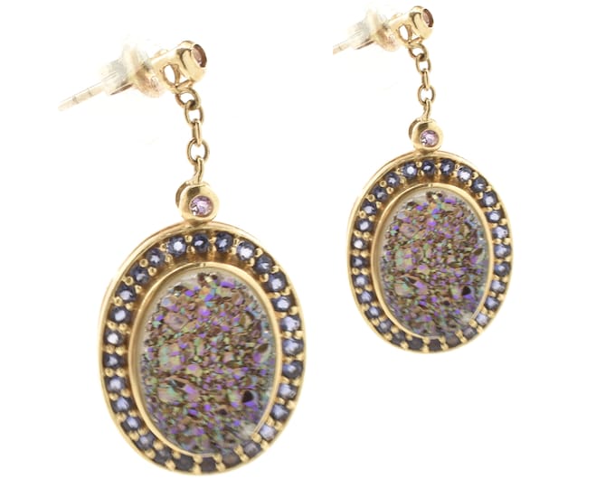 Estate Gold Earrings Vintage 14K Solid Yellow Gold Natural Amethyst Druzy Drop Dangle Over 4 Carats Total Weight Holiday Gift