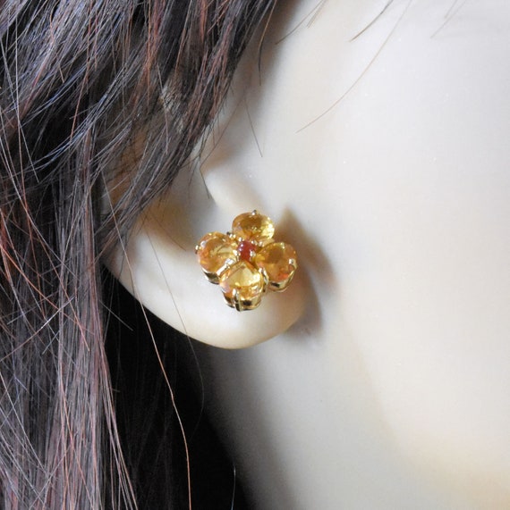 Estate Gemstone Earrings Vintage 14K Solid Yellow Gold Natural Citrine Garnet Floral Studs 0.60 Carats Total Weight Holiday Gift