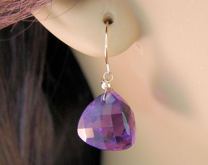 Estate Pair 14K Yellow Gold & 22 Carats Genuine Amethysts Drop Dangle Earrings 4.7 Grams February Birthstone Holiday Gift